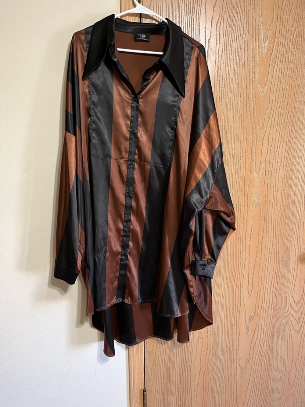 Dressed in LALA Posh Satin Playsuit (Just Shirt) in Midnight
Carousel Stripes.